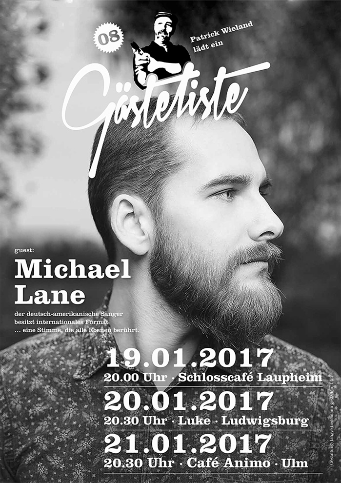 Michael Lane steht diesmal auf der Gästeliste von Patrick Wieland. Live Musik im Wohnzimmer Ambiente mitten in Ulm.